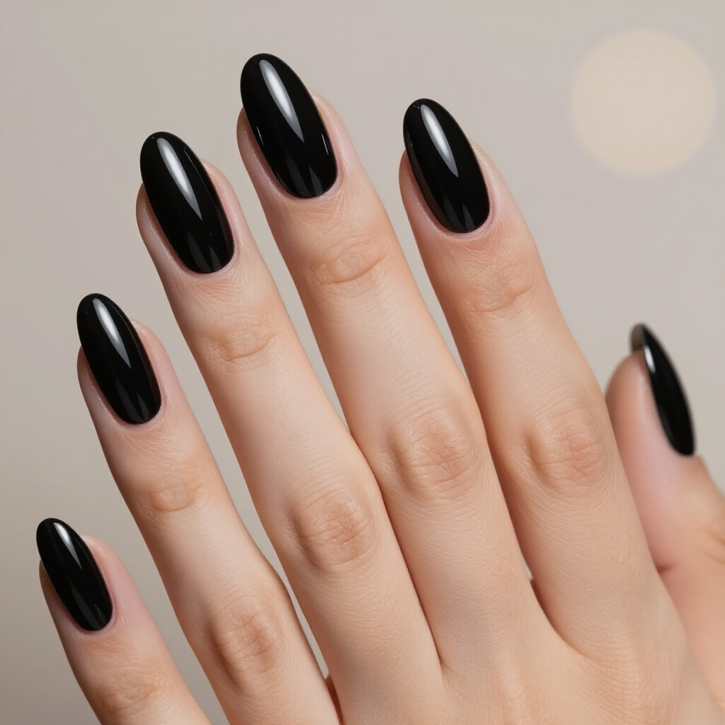 Glossy Contrast: Black Almond Velvet with Glossy French Tips - black almond velvet nails