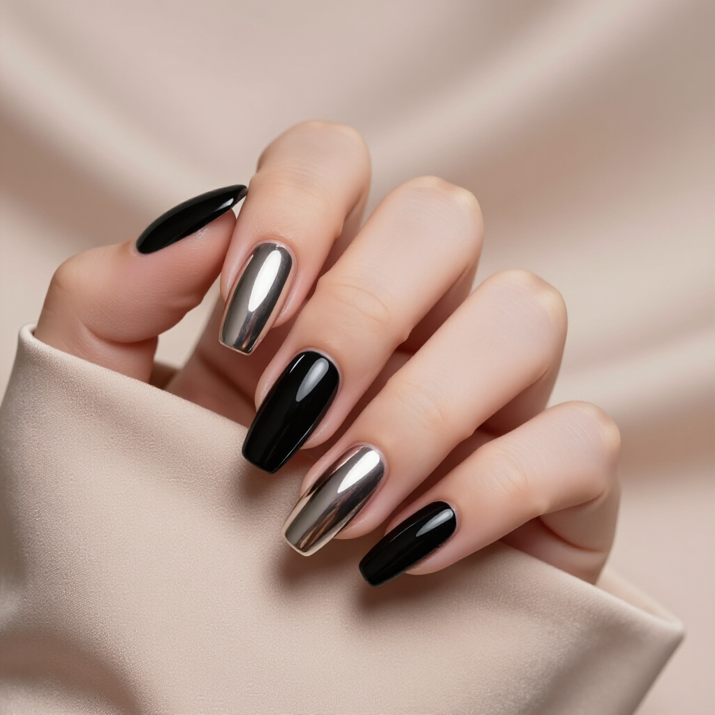 Minimalist Chic: Black Almond Velvet with a Single Gold Pin Stripe - black almond velvet nails