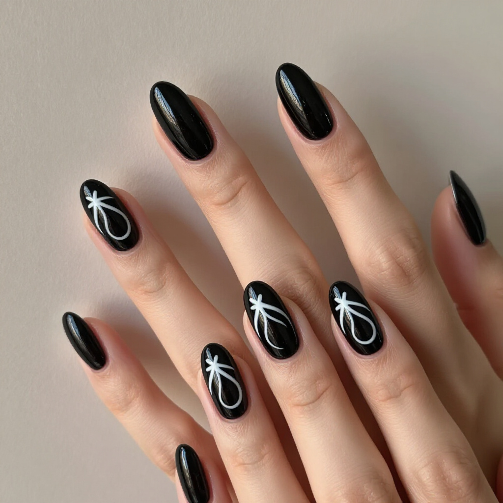 Gothic Glam: Black Almond Velvet with Silver Stud Accents - black almond velvet nails