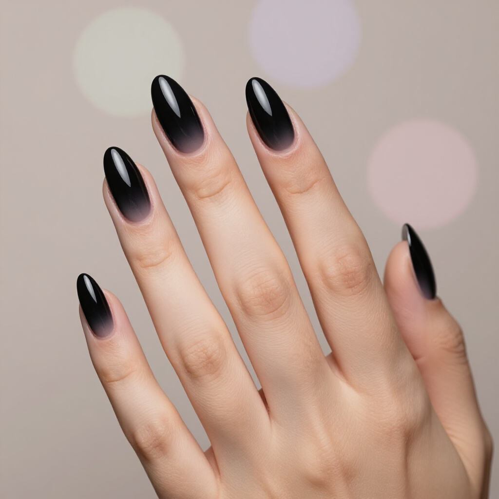 Geometric Intrigue: Black Almond Velvet with Black Geometric Cut-Outs - black almond velvet nails
