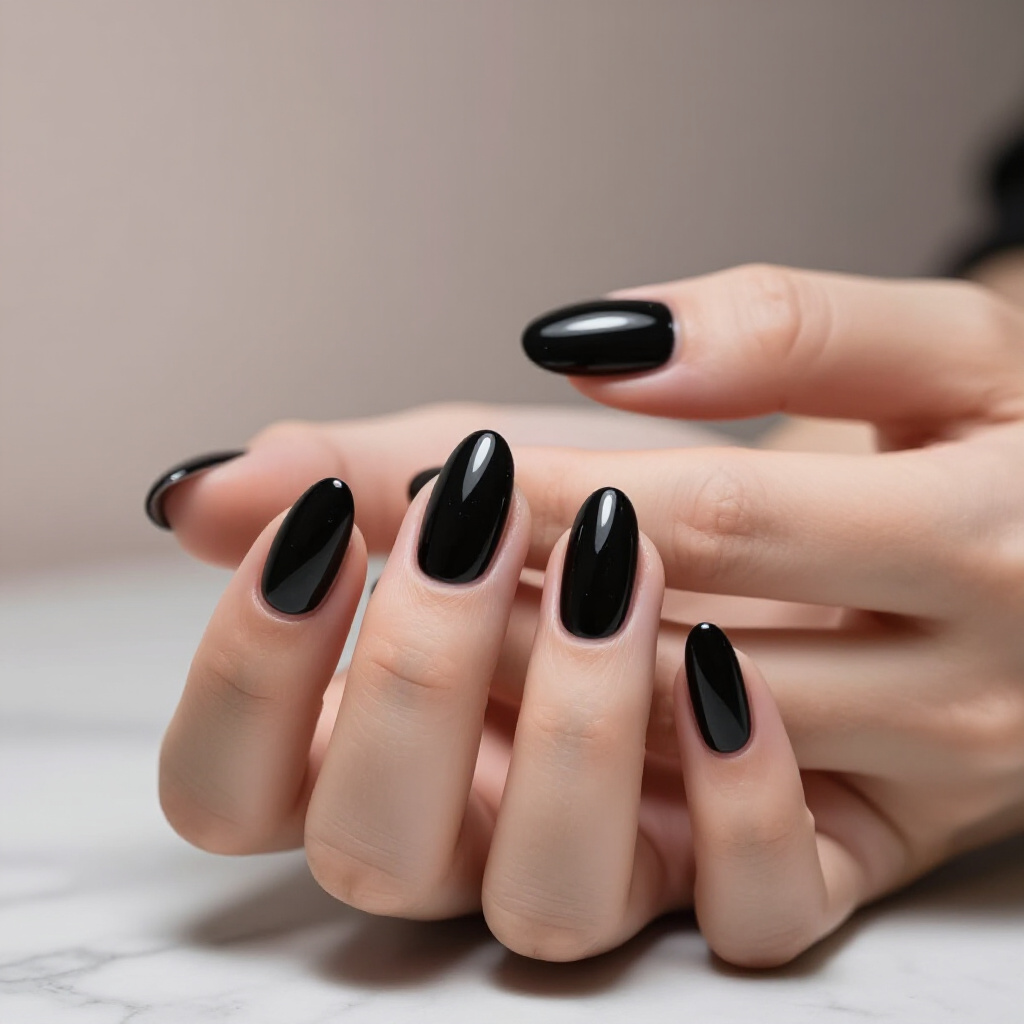 Celestial Sparkle: Black Almond Velvet with Star Embellishments - black almond velvet nails