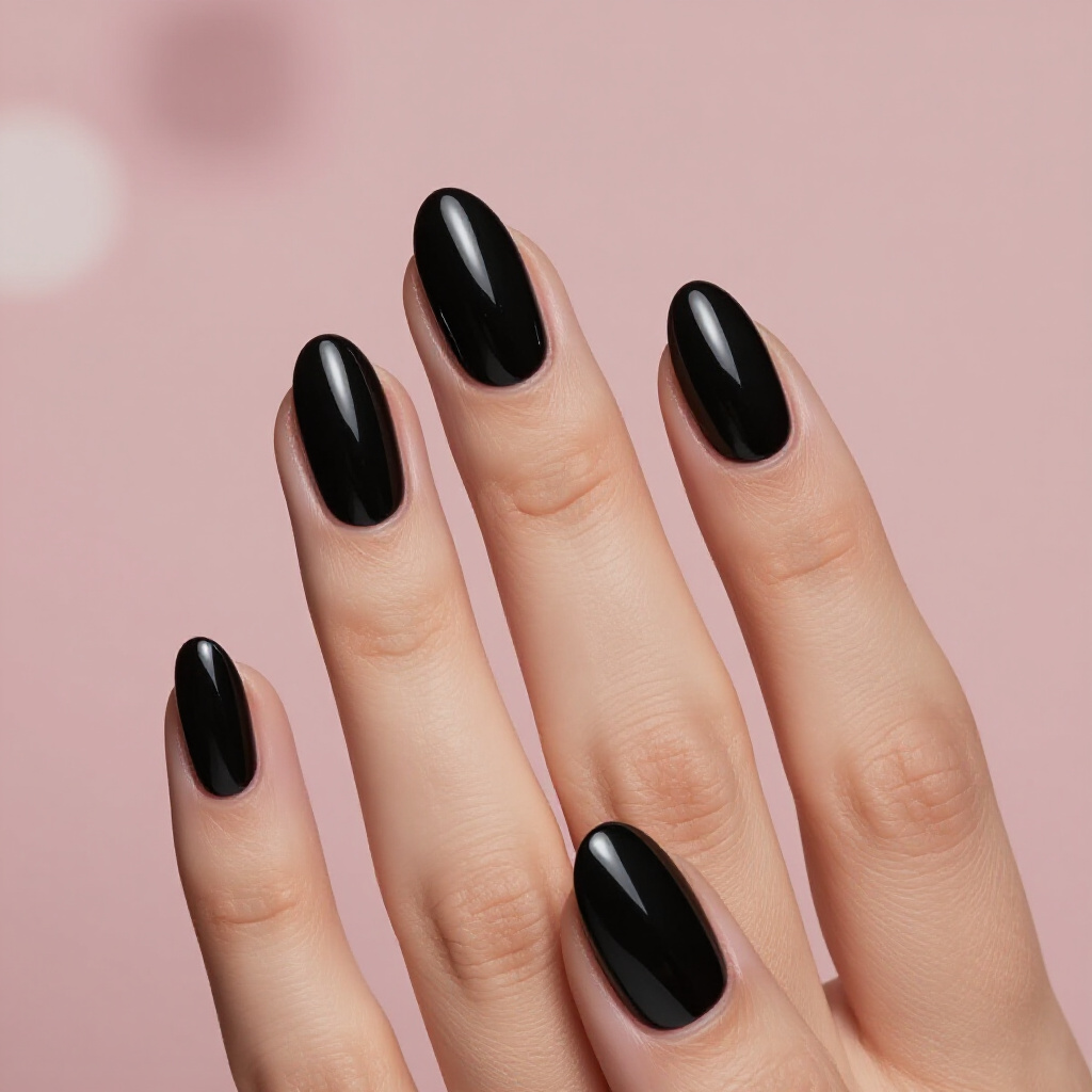 Edgy Chic: Black Almond Velvet with a Single Chrome Stripe - black almond velvet nails