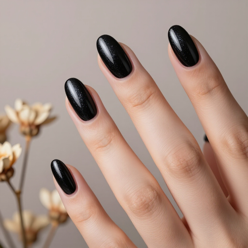 Subtle Shimmer: Black Almond Velvet with Holographic Flakes - black almond velvet nails