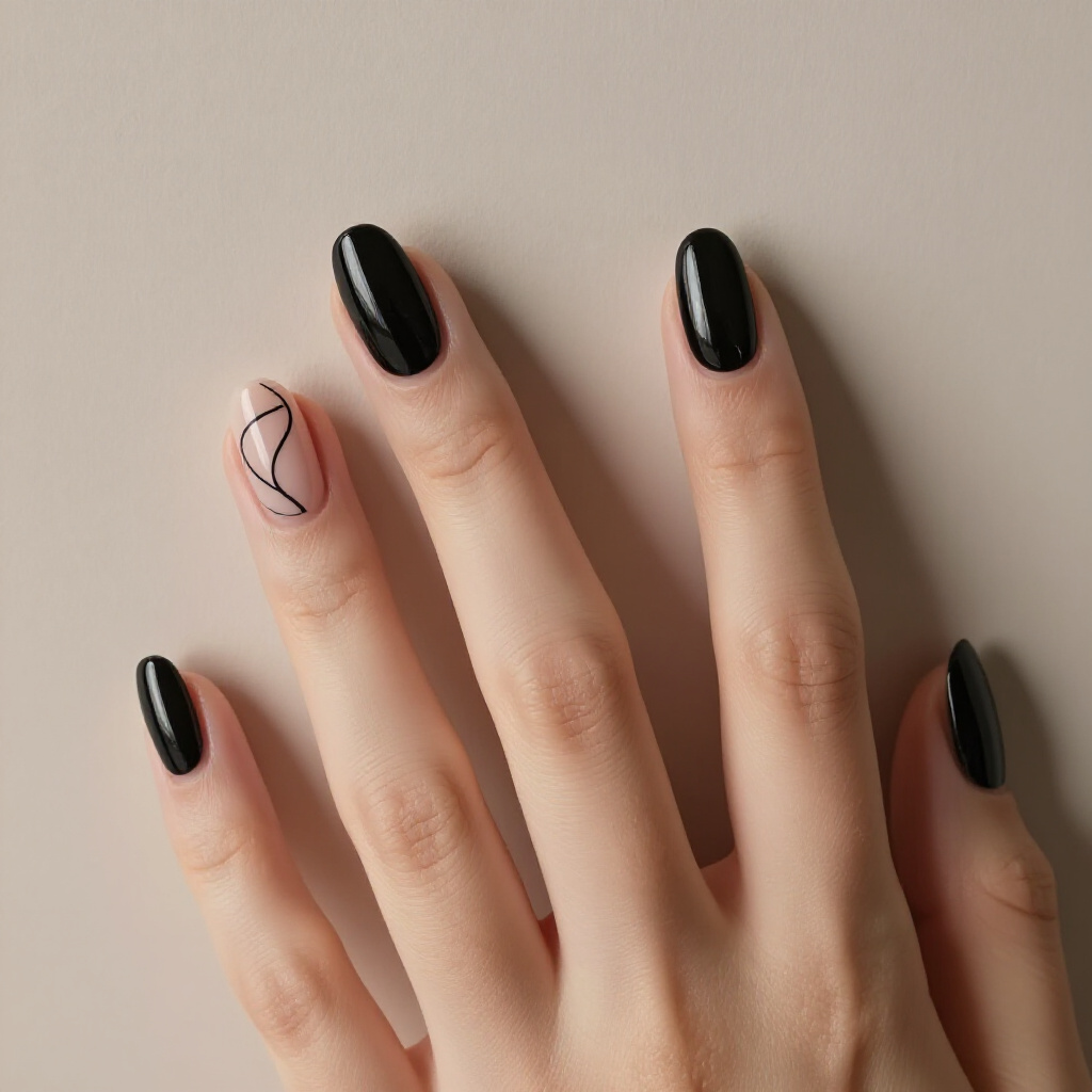 Velvet with a Twist: Black Almond Nails with a High-Gloss Accent Nail - black almond velvet nails