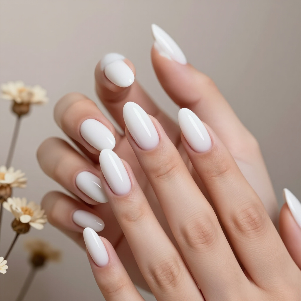 Subtle Shimmer White Almond Velvet Nails with a Delicate Sparkle - white almond velvet nails