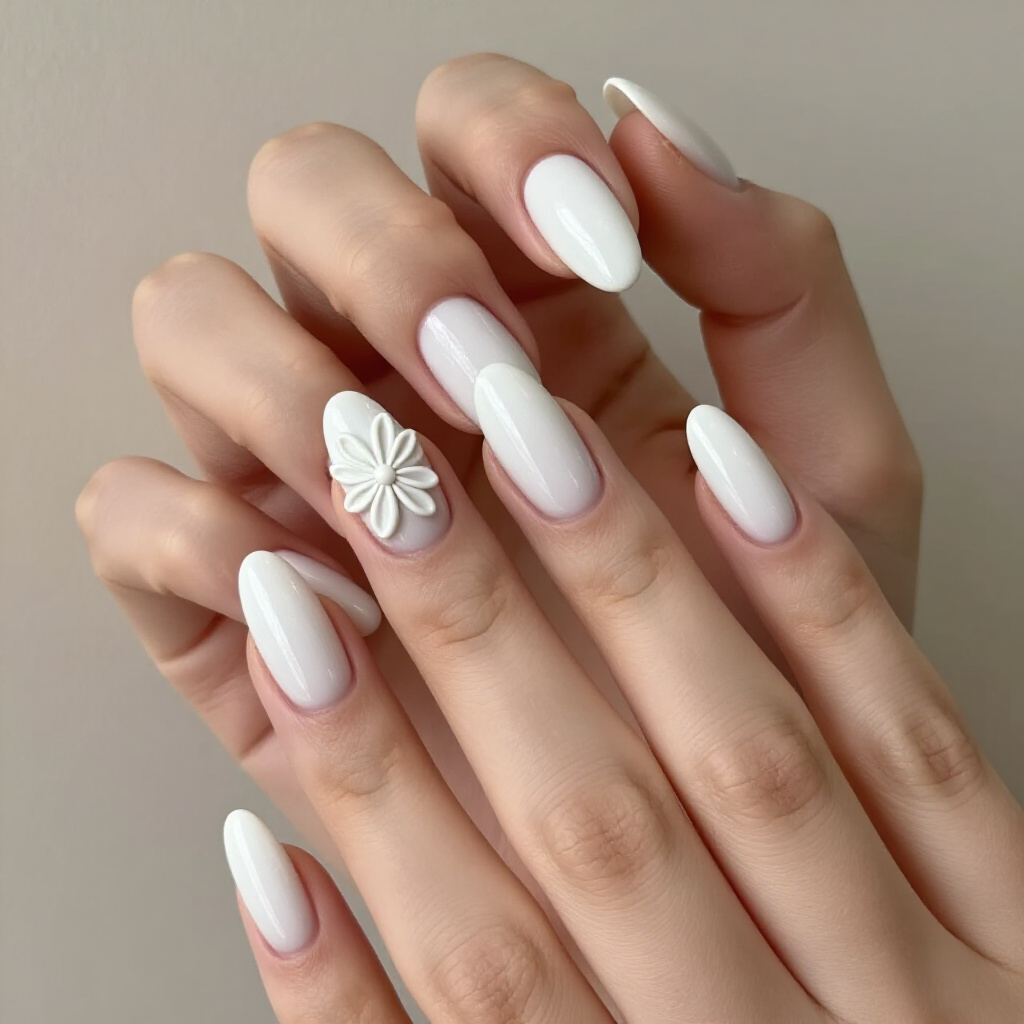 Crystal Embellished White Almond Velvet Tips: Glamorous Accents - white almond velvet nails