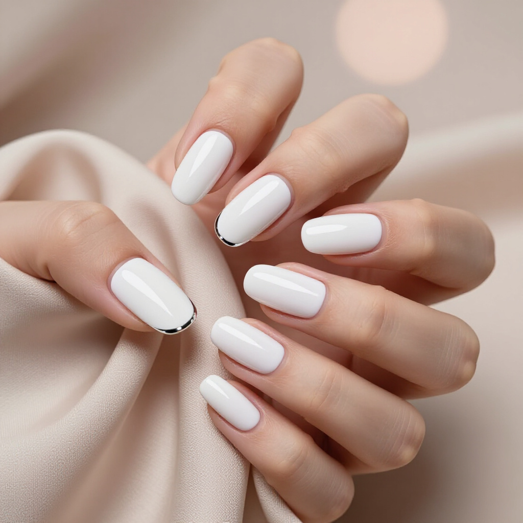 Geometric White Almond Velvet Nails with Minimalist Lines - white almond velvet nails