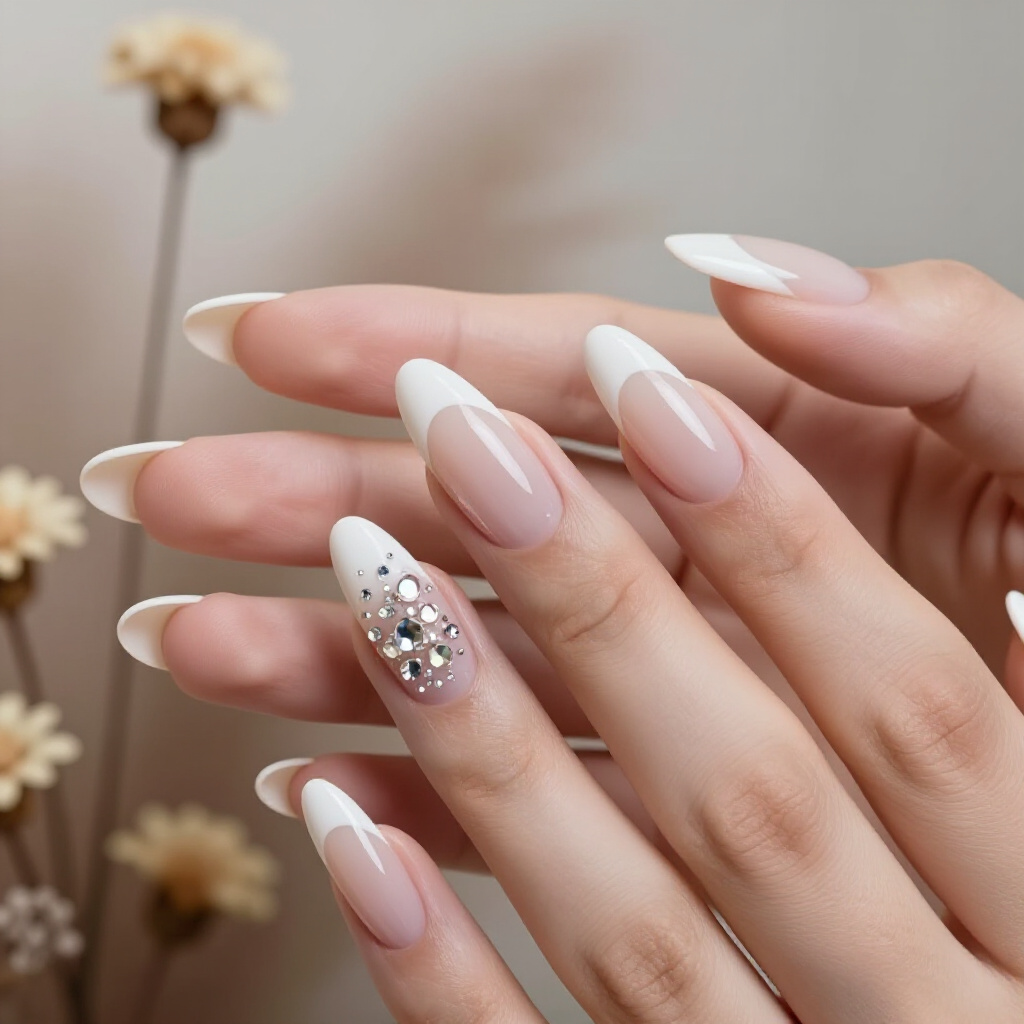 Floral Accent White Almond Velvet Nails: Delicate Blossoms - white almond velvet nails
