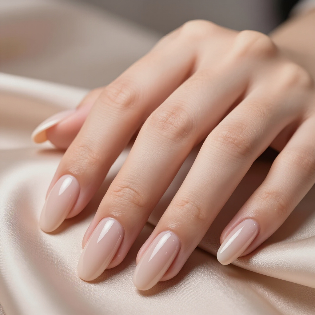 Classic Milky Nude Almond Velvet Nails with a Subtle Sheen - nude almond velvet nails