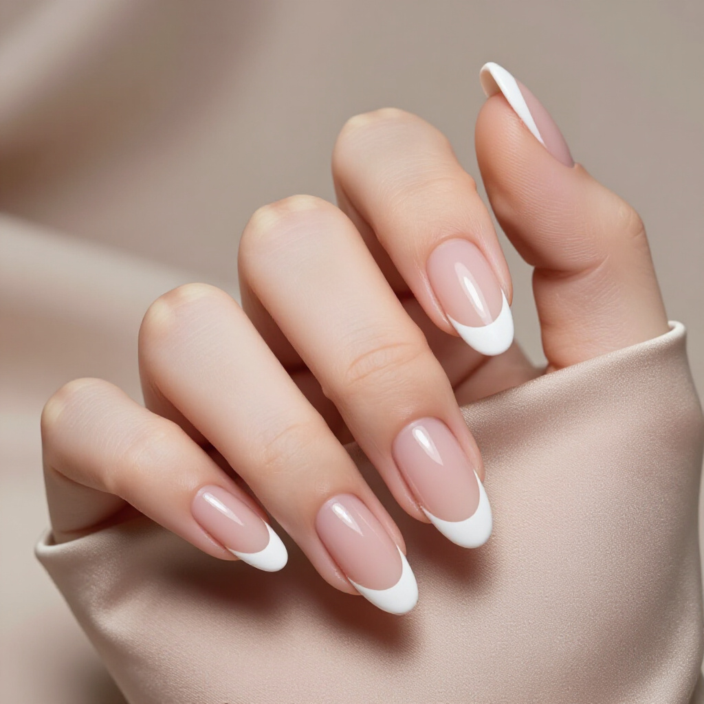 Classic White Almond French Tip Nails with a Sharp Curve - almond french tip nails Classic White Almond French Tip Nails with a Sharp Curve - almond french tip nails
