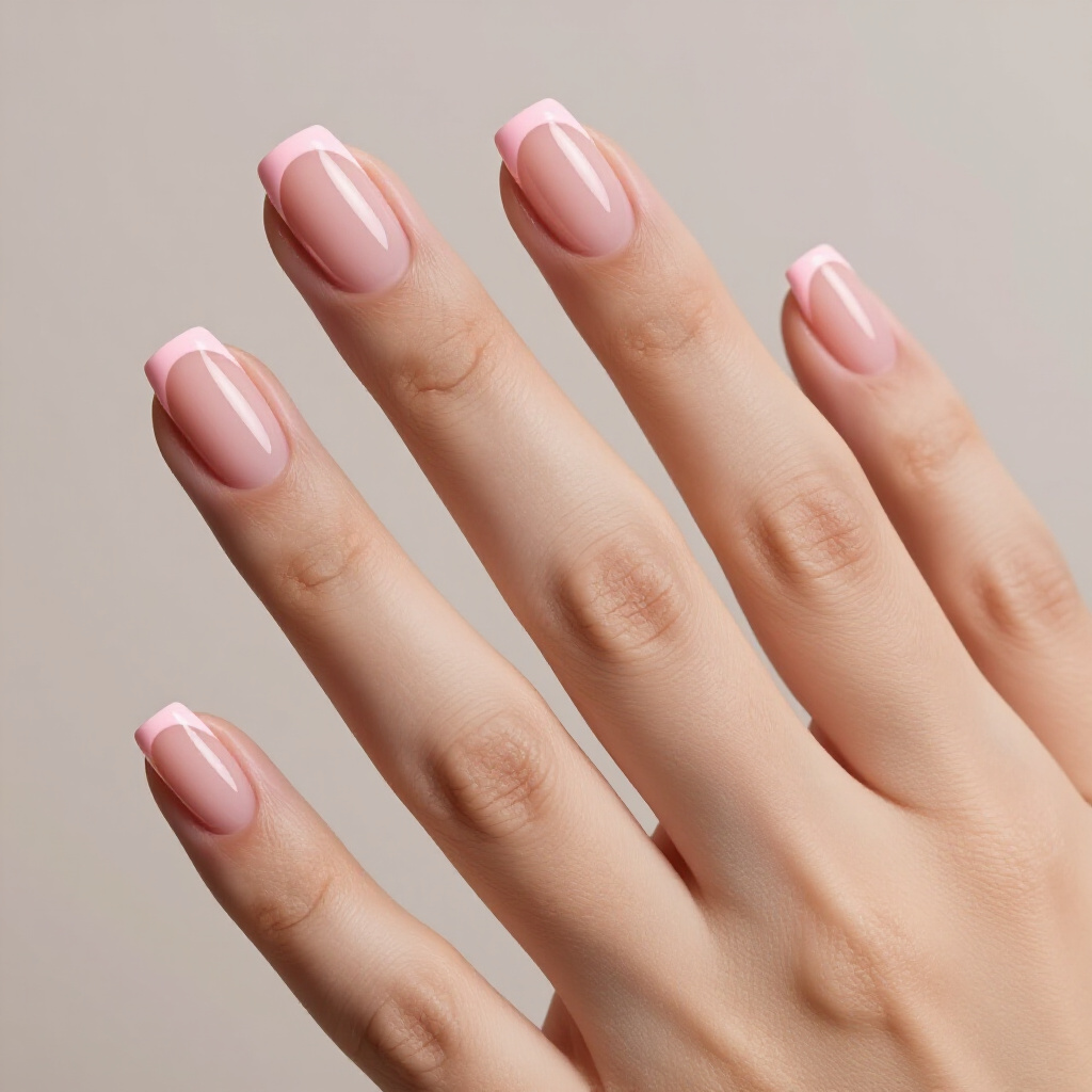 Soft Rose Gold Pink Short French Tip Nails with Glitter Accents - pink short french tip nails