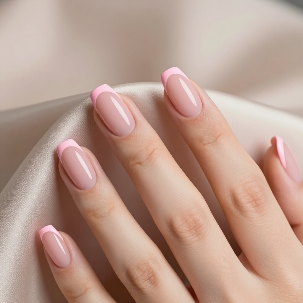 Pale Blush Pink Short French Tip Nails with a Sheer Overlay - pink short french tip nails