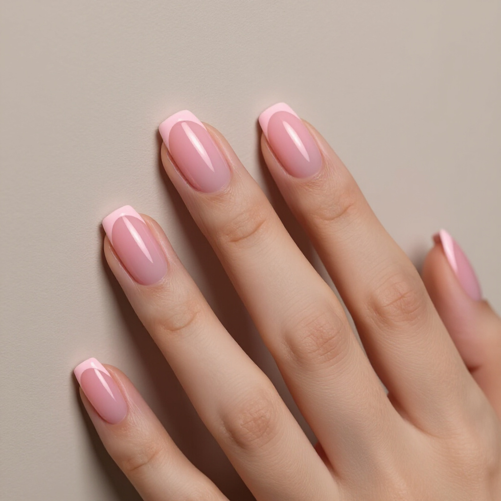 Sheer Coral Pink Short French Tip Nails with a Pearly Sheen - pink short french tip nails