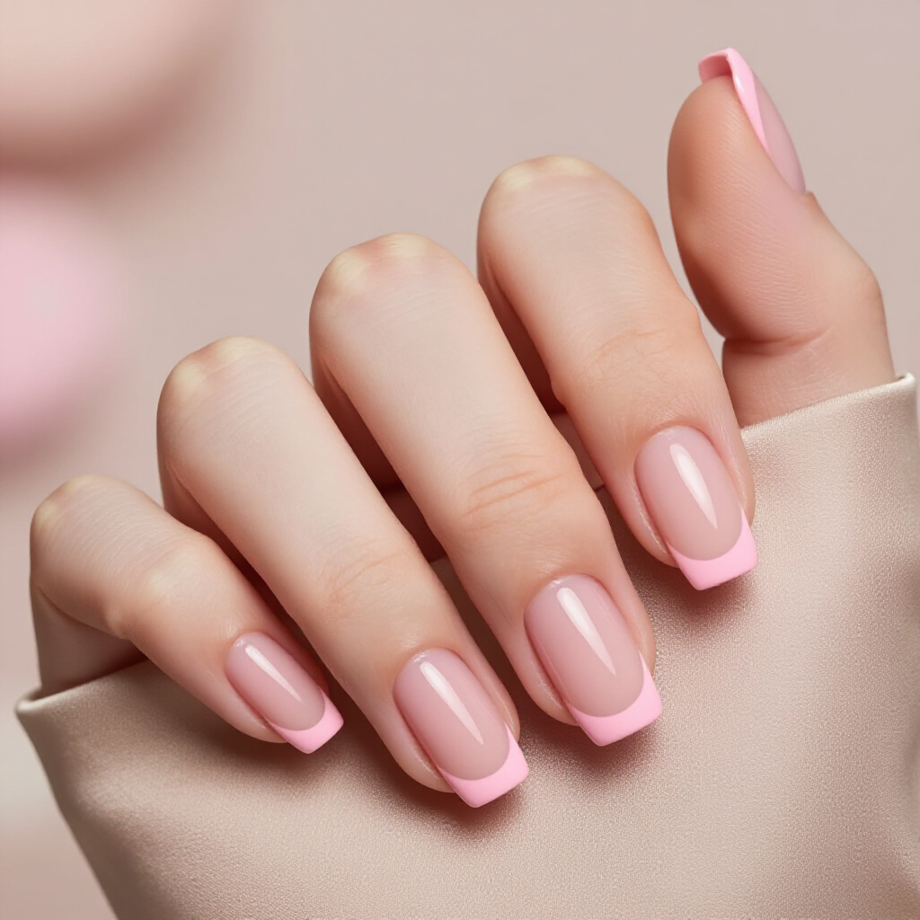Peachy Pink Short French Tip Nails with a Golden Undertone - pink short french tip nails