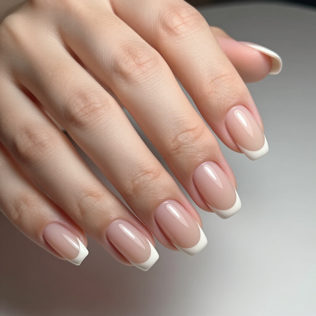 Peachy Pink Nude with Soft Ivory French Tips - nude short french tip nails Peachy Pink Nude with Soft Ivory French Tips - nude short french tip nails