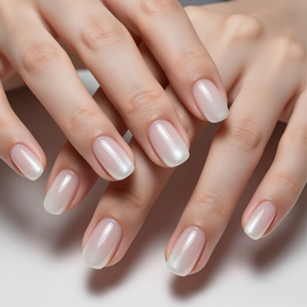 Glossy Nude with Chrome-Effect White Tips - nude short french tip nails Glossy Nude with Chrome-Effect White Tips - nude short french tip nails