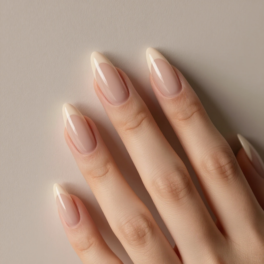 Neutral Nude with Iridescent French Tips - nude short french tip nails Neutral Nude with Iridescent French Tips - nude short french tip nails