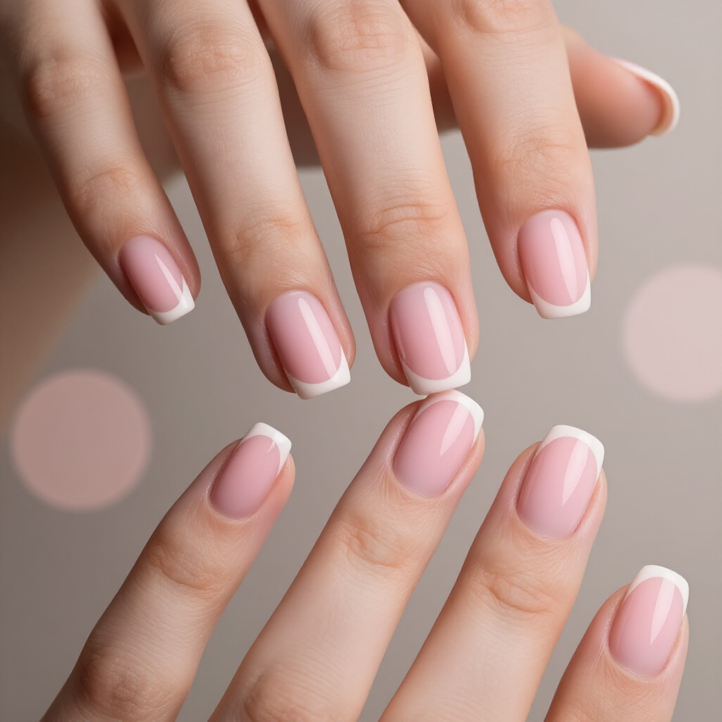 Light Peach Pink with a Chrome French Outline - pink short classy french tip nails