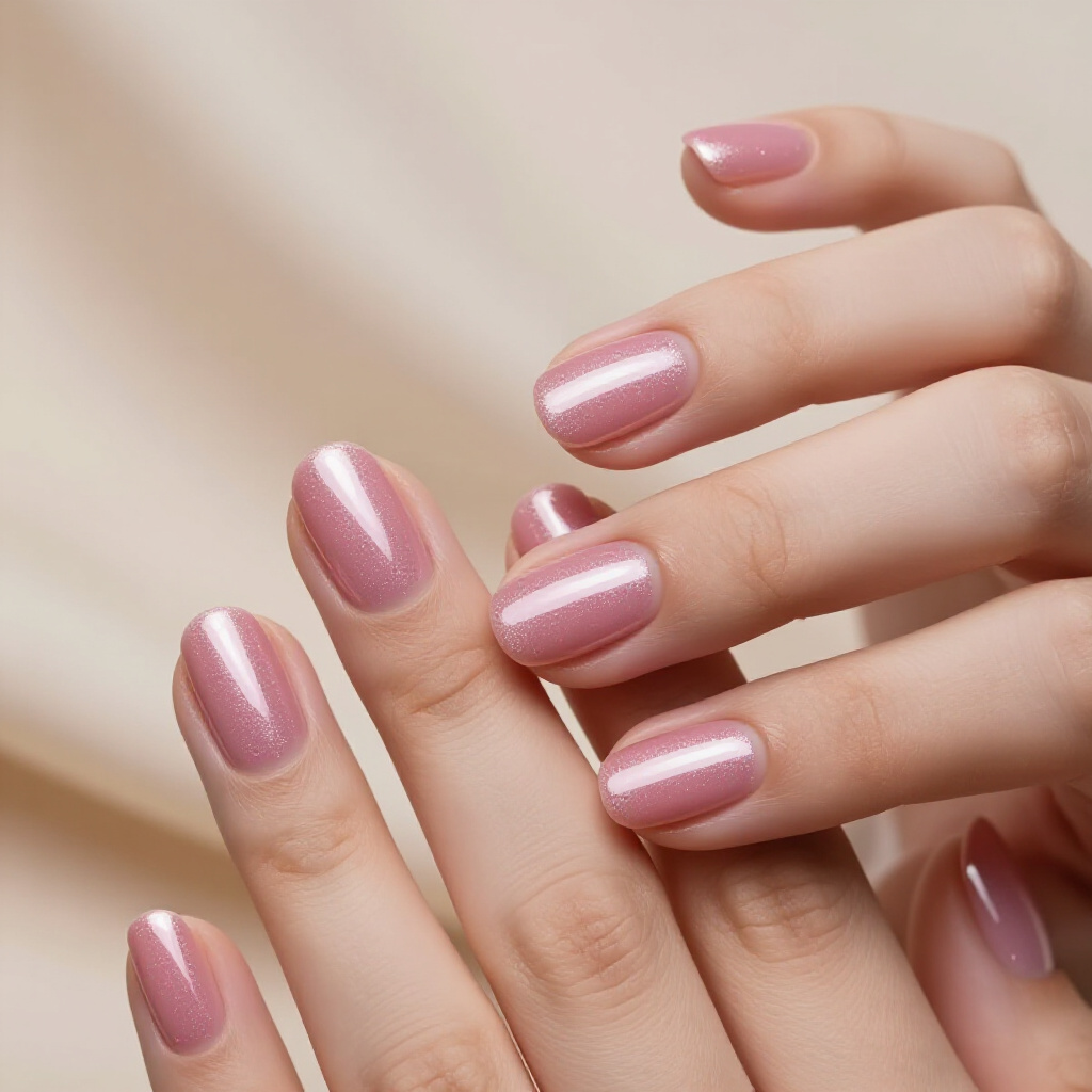 Sheer Ballet Pink with Micro-Glitter French Accents - pink short simple french tip nails