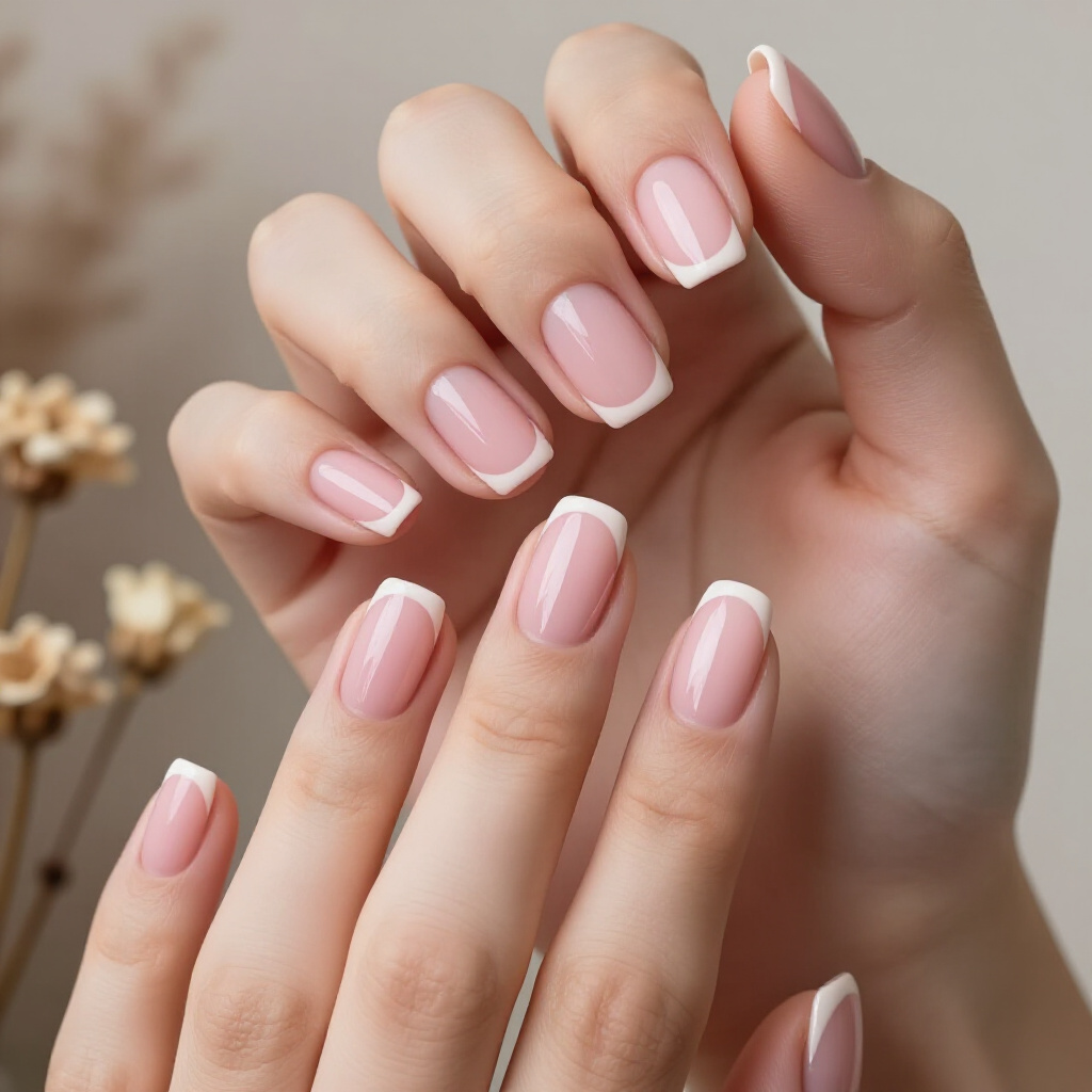 Soft Blush Pink Short Simple French Tip Nails with a Classic White Tip - pink short simple french tip nails