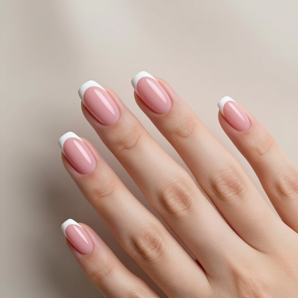 Peachy Pink Short Simple French Tip Nails with a Subtle Shimmer Finish - pink short simple french tip nails