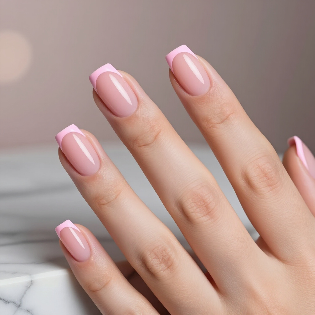 Pale Pink Short Simple French Tip Nails with a Rose Gold Glitter Tip Accent - pink short simple french tip nails