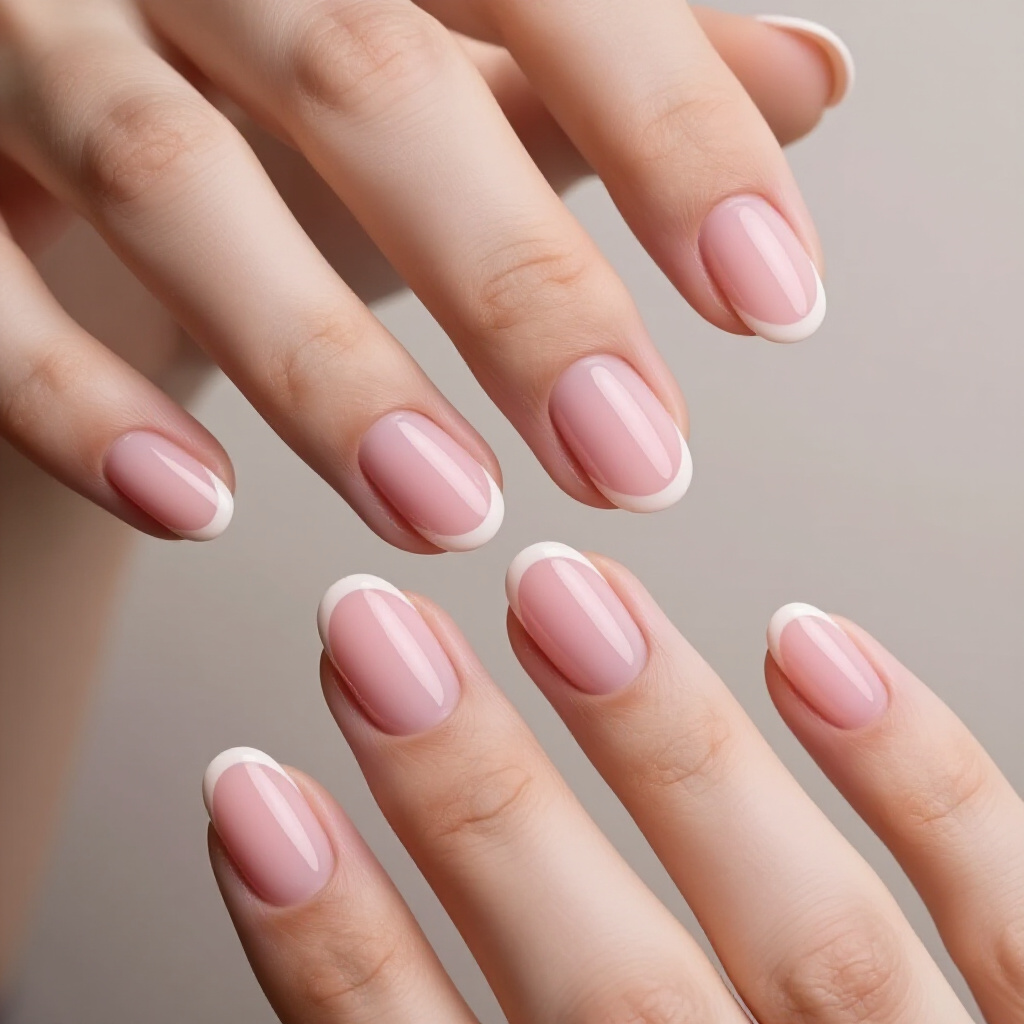 Coral Pink Short Simple French Tip Nails with a Defined White Smile Line - pink short simple french tip nails