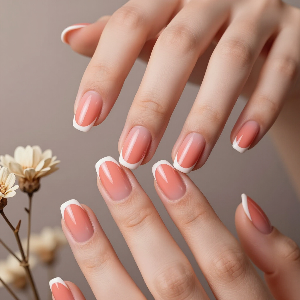 Light Pink Short Simple French Tip Nails with a Holographic French Line - pink short simple french tip nails