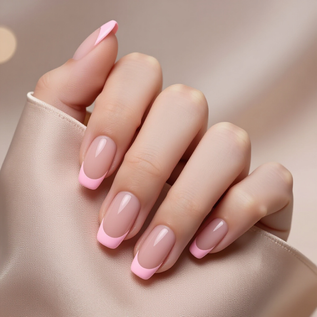 Light Peach Pink Short Simple French Tip Nails with a Subtle Gold Foil Accent - pink short simple french tip nails