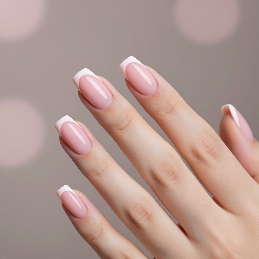 Peach Pink French Tips with a subtle shimmer - pink short cute french tip nails