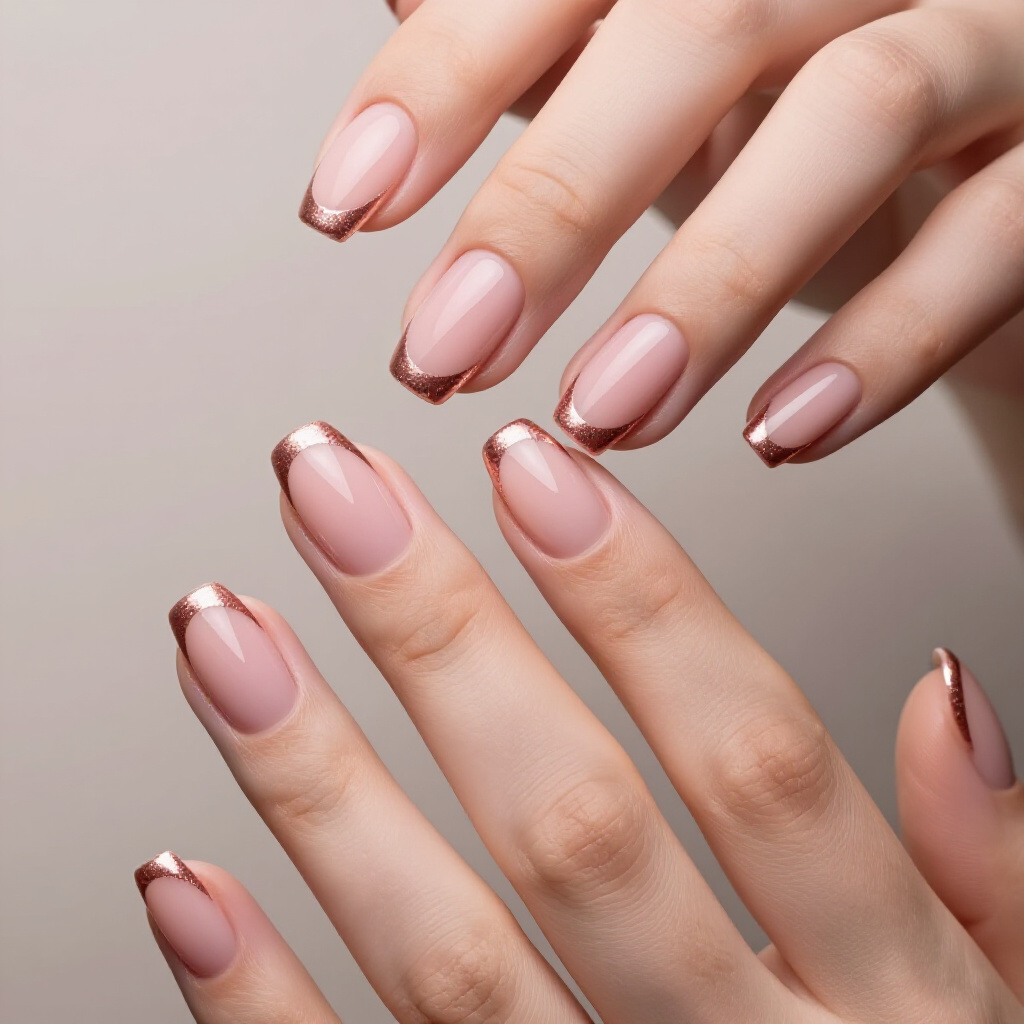 Pale Pink French Tips with subtle chrome powder accent - pink short cute french tip nails