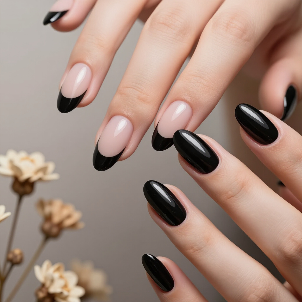 Classic Glossy Black Almond French Tip Nails for Effortless Chic - black almond french tip nails