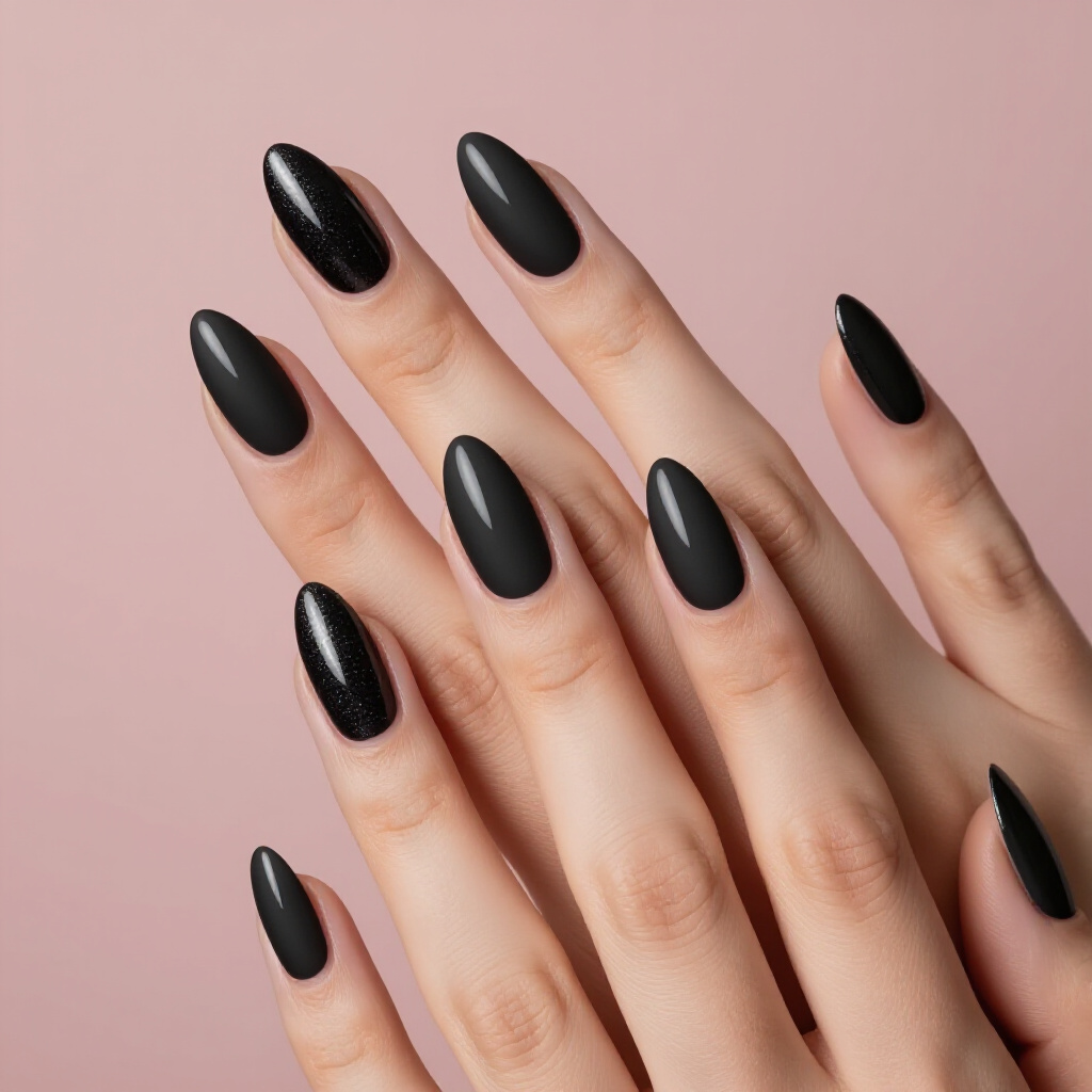 Subtle Glitter Fade Black Almond French Tip Nails: Dazzle and Delight - black almond french tip nails
