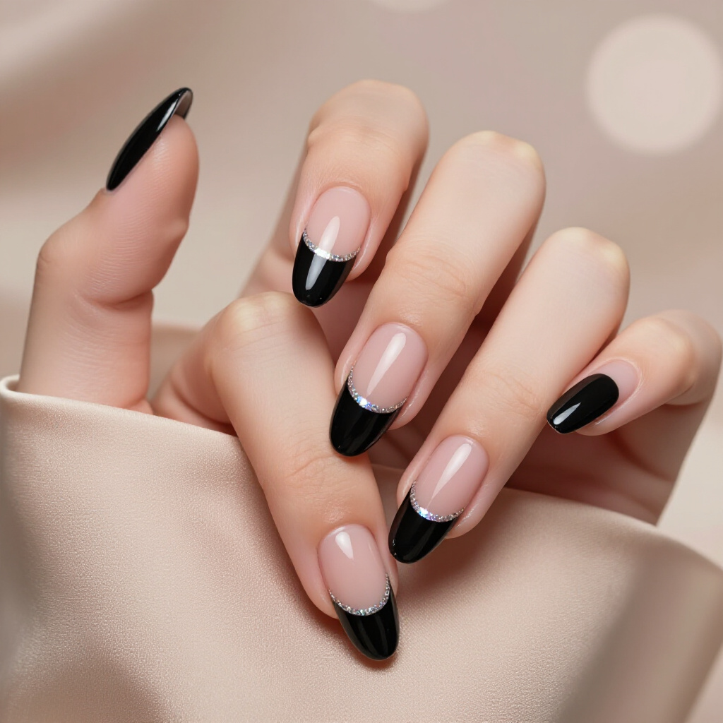 Negative Space Black Almond French Tips: Avant-Garde Elegance - black almond french tip nails