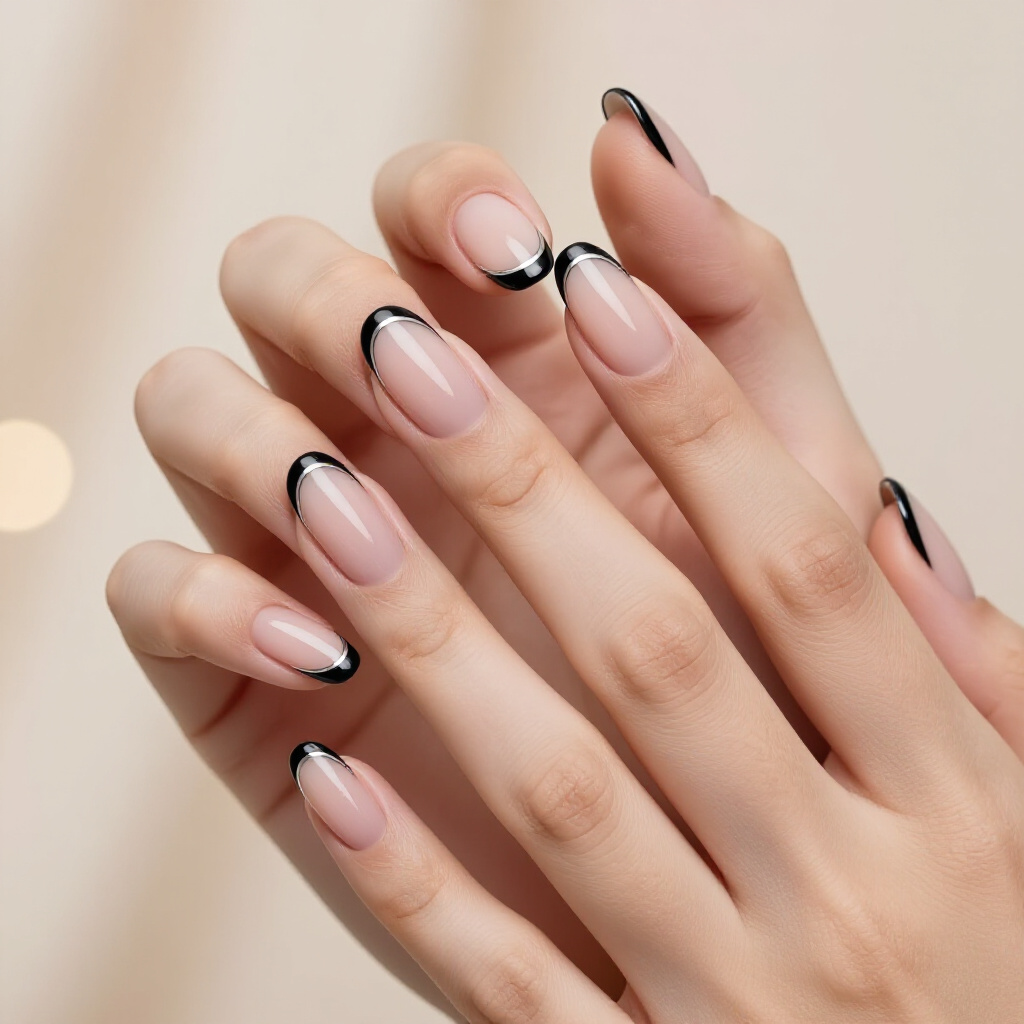Thin Line Black Almond French Tip Nails: Minimalist Perfection - black almond french tip nails
