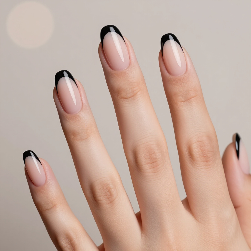 Chrome Accents on Black Almond French Tips: Futuristic Shine - black almond french tip nails