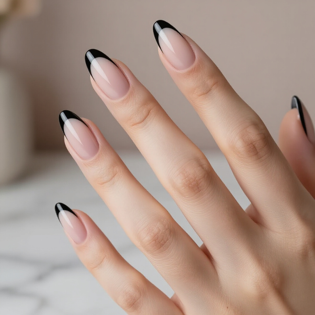 Geometric Black Almond French Tips: Artful Precision - black almond french tip nails