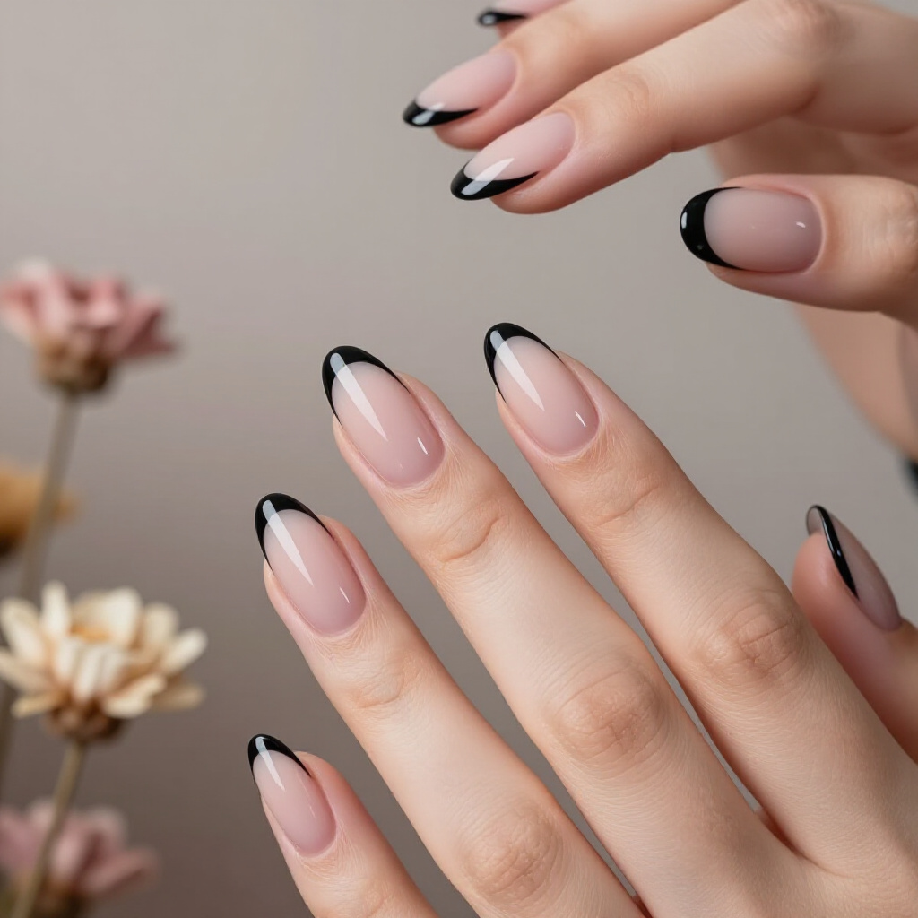 Ombre Black Almond French Tips: Seamless Color Transition - black almond french tip nails
