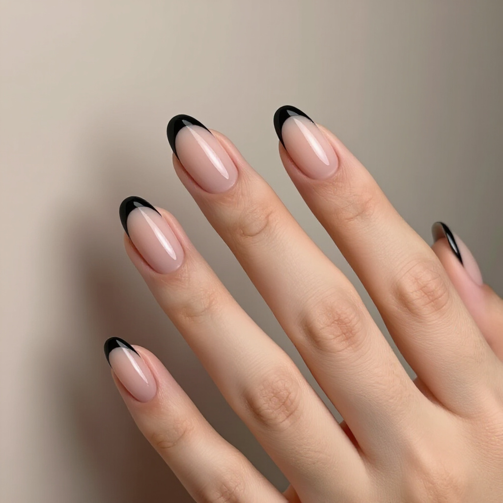 Pearlescent Black Almond French Tips: Iridescent Sophistication - black almond french tip nails