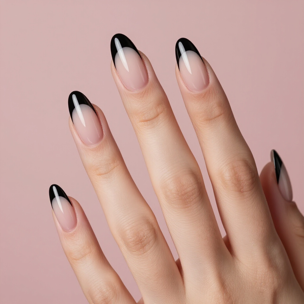 Studded Black Almond French Tip Nails: Rocker Chic - black almond french tip nails