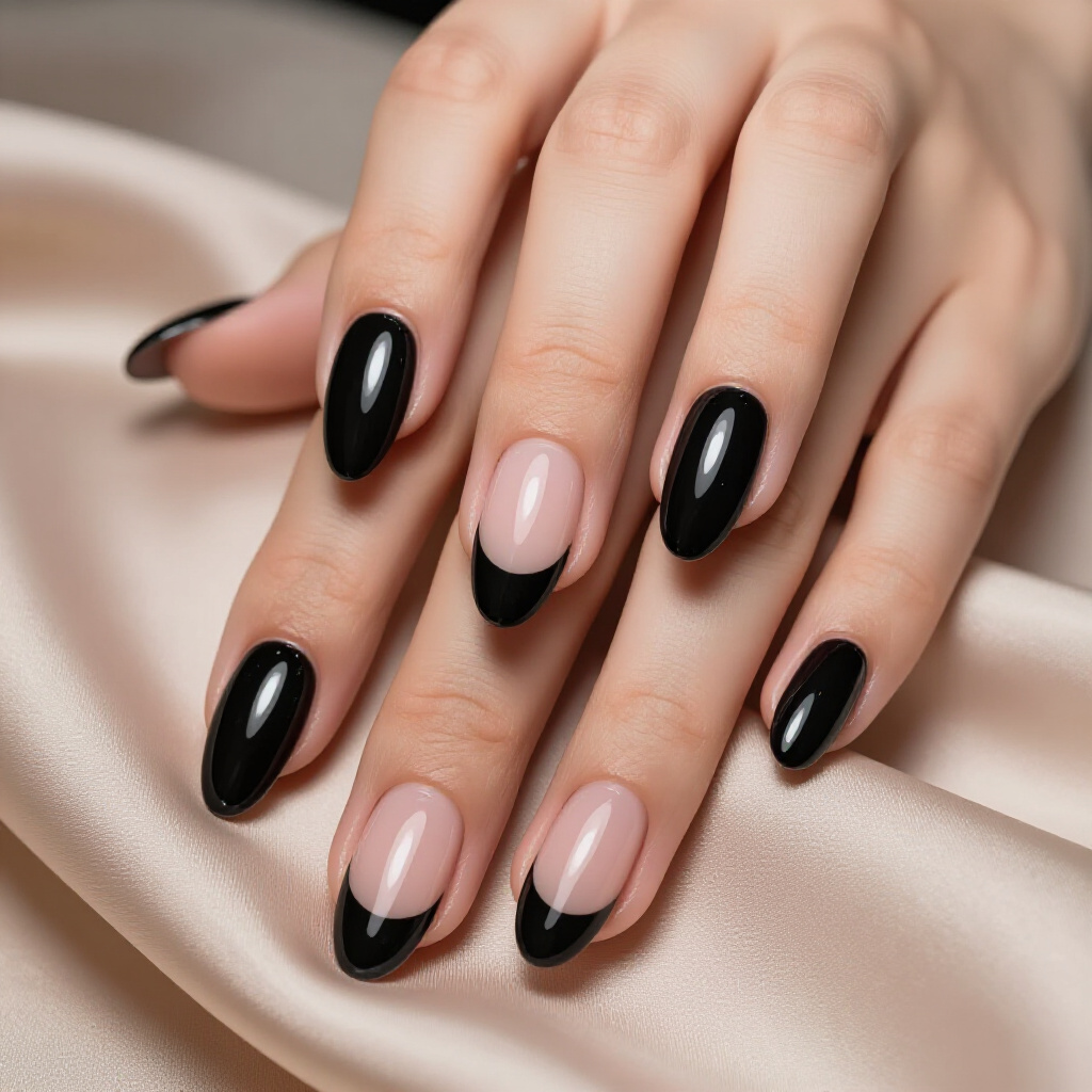 Velvet Effect Black Almond French Tips: Luxurious Texture - black almond french tip nails