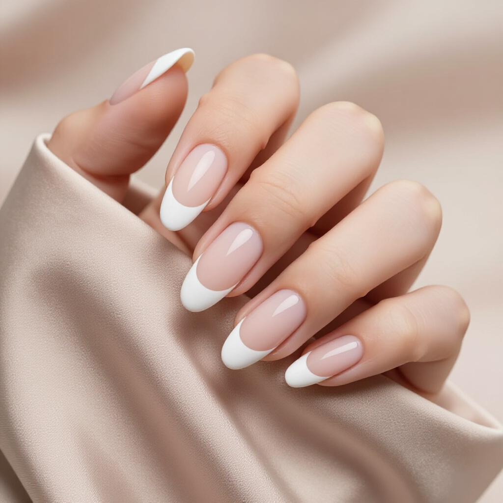 Glimmering Chrome White Almond French Tip Nails for a Futuristic Glow - white almond french tip nails