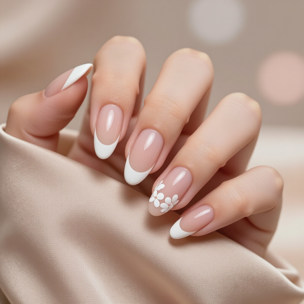 Delicate Floral Accents on White Almond French Tip Nails for Romance - white almond french tip nails