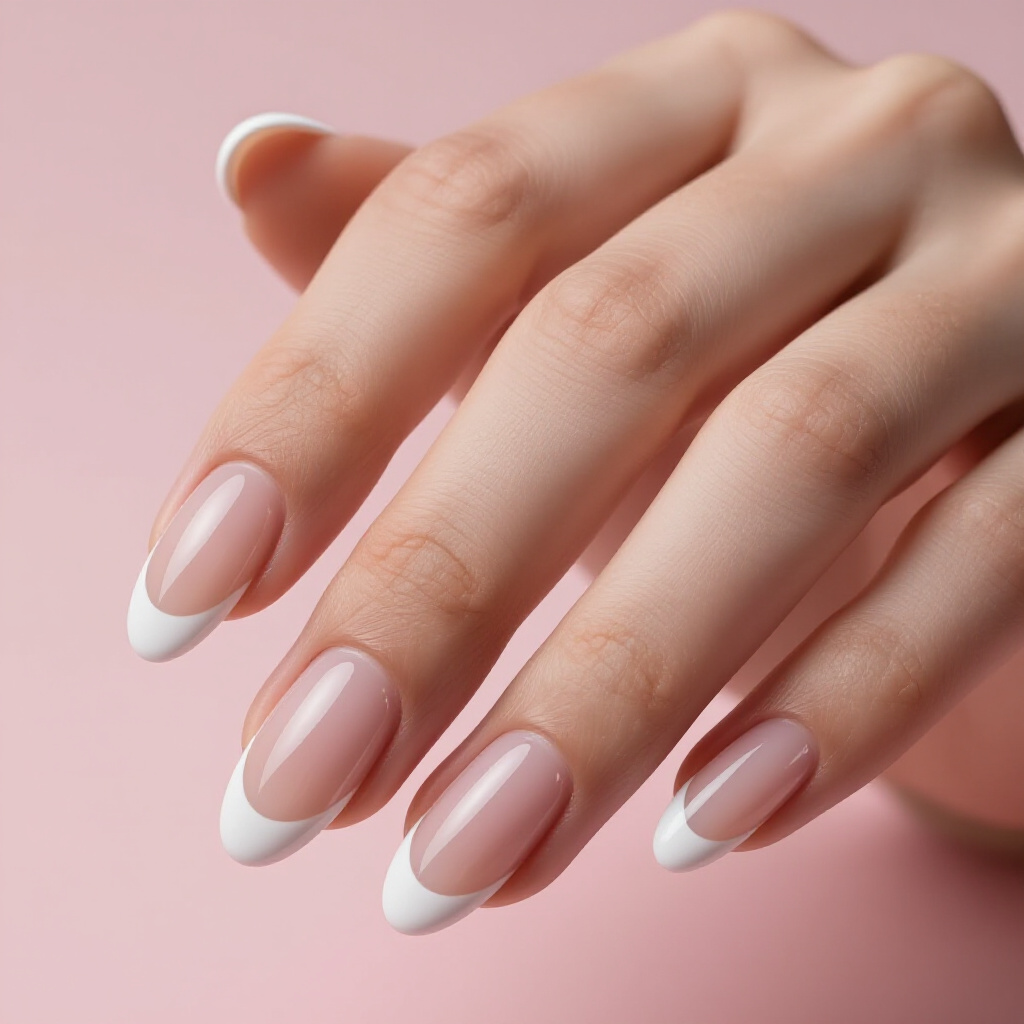 Sheer Nude Base with White Almond French Tip Nails and a Glossy Finish - white almond french tip nails