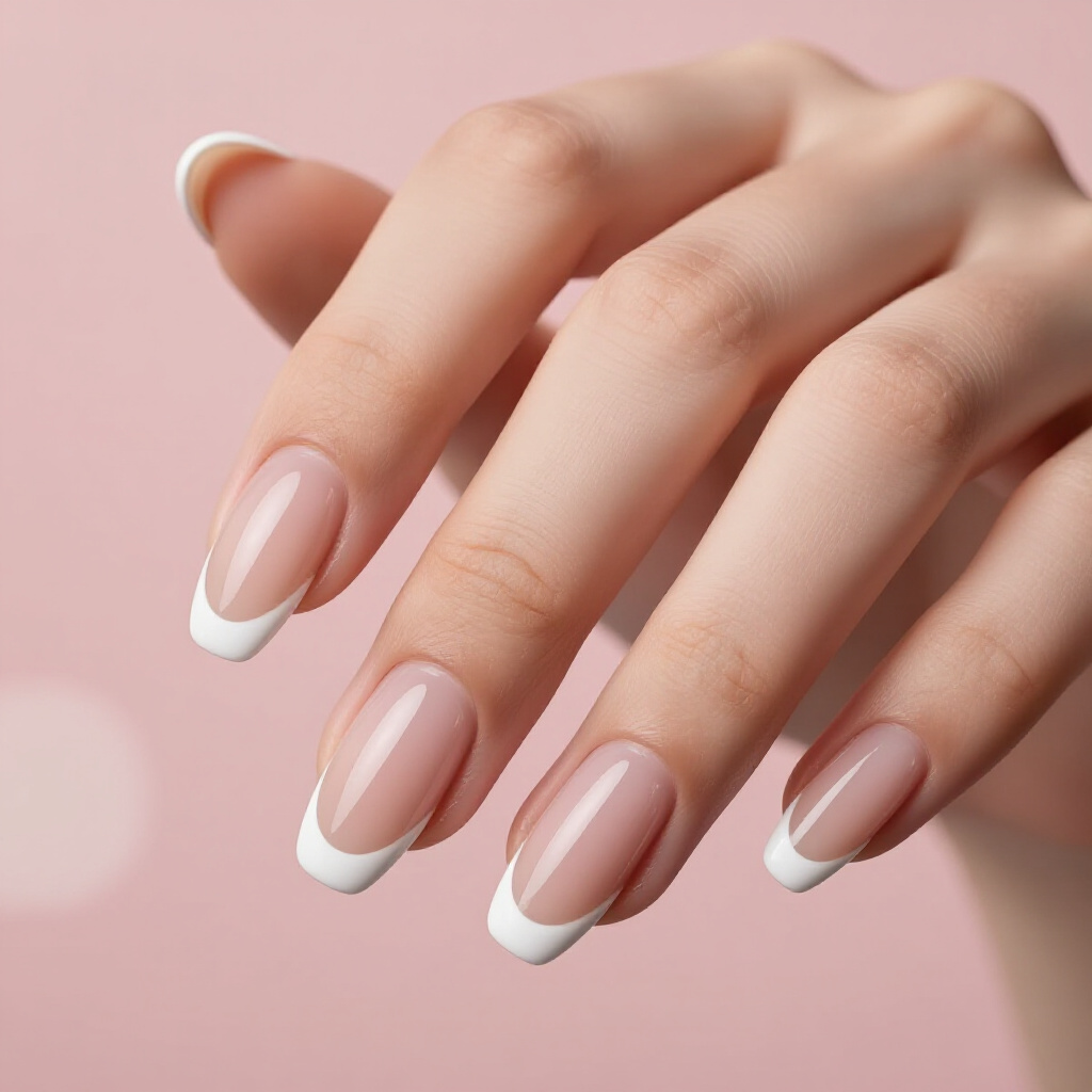 Classic Milky Nude Base with Crisp White Tips - nude almond french tip nails