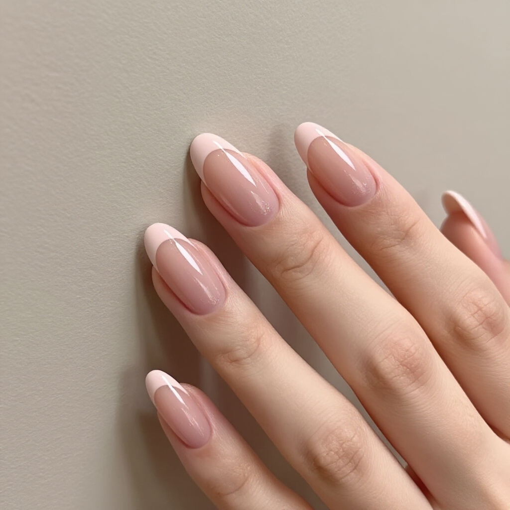 Warm Beige Nude with a Subtle Gold Shimmer Tip - nude almond french tip nails