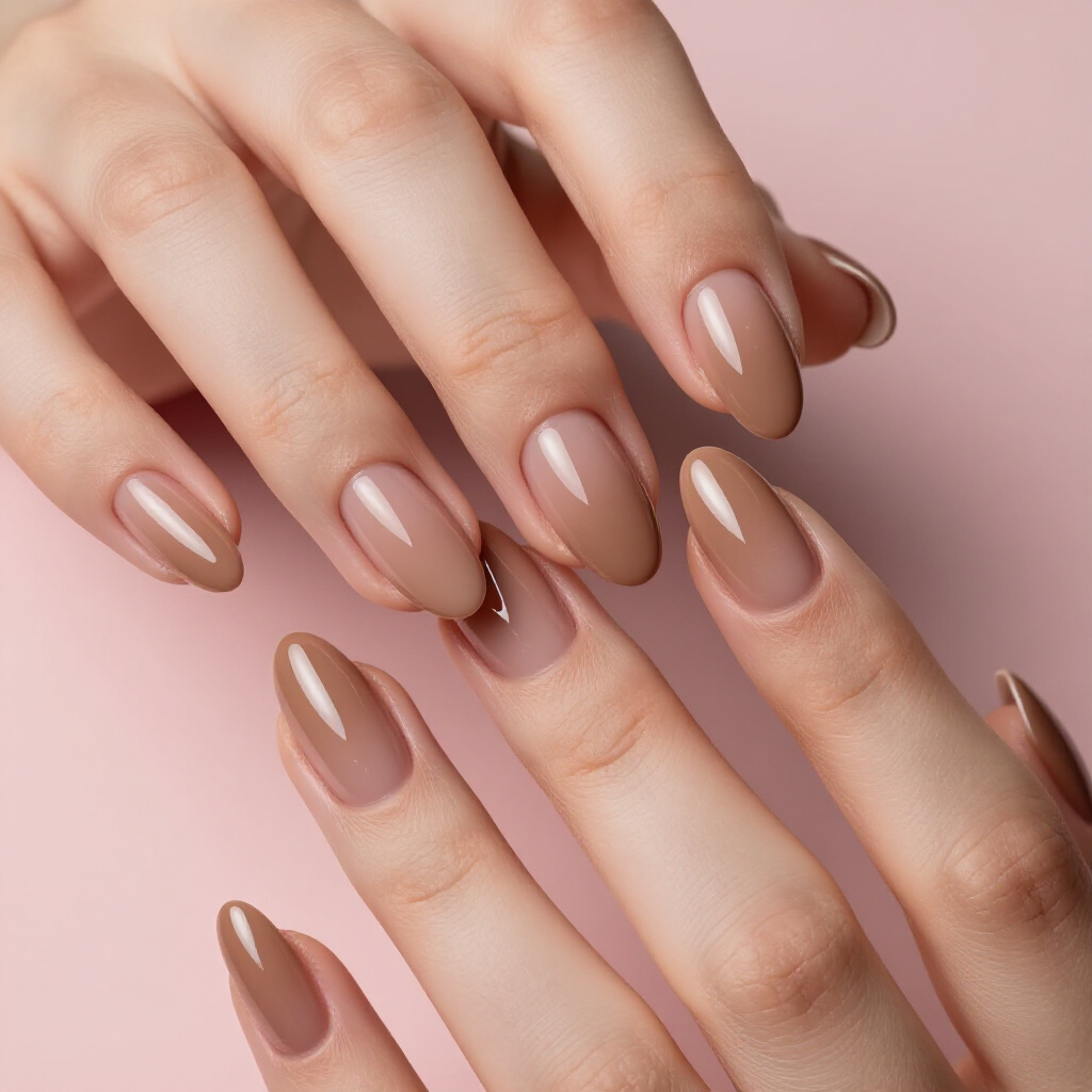 Creamy Mocha Nude with a Chocolate Brown French Line - nude almond french tip nails