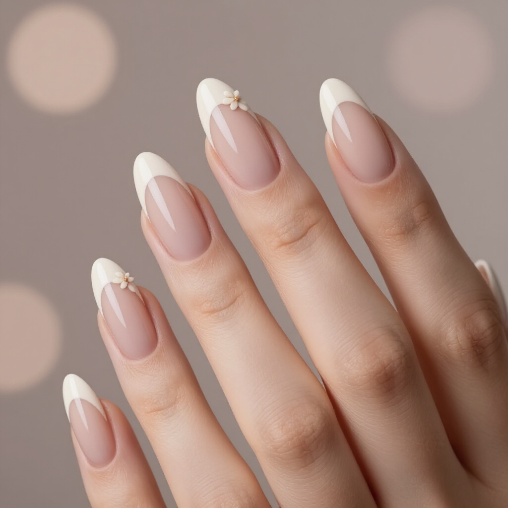 Soft Apricot Nude with a Holographic Chrome French Edge - nude almond french tip nails