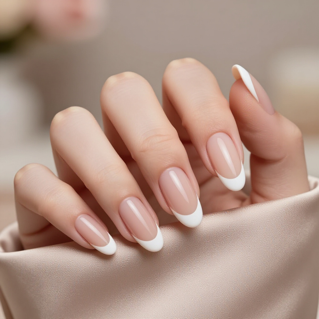 Neutral Stone Nude with a Black Outline French Detail - nude almond french tip nails