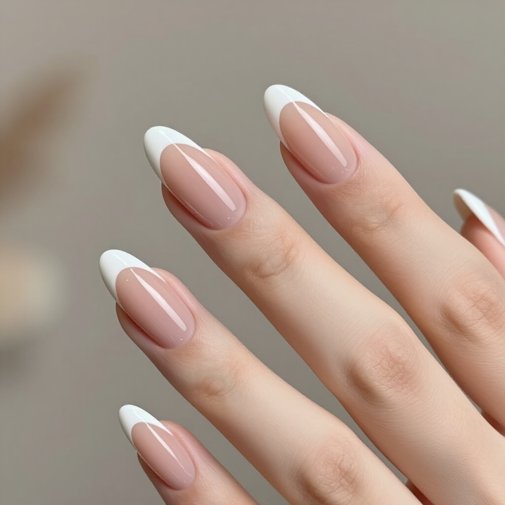 Warm Tan Nude with a Subtle Rose Gold Foil French Accent - nude almond french tip nails